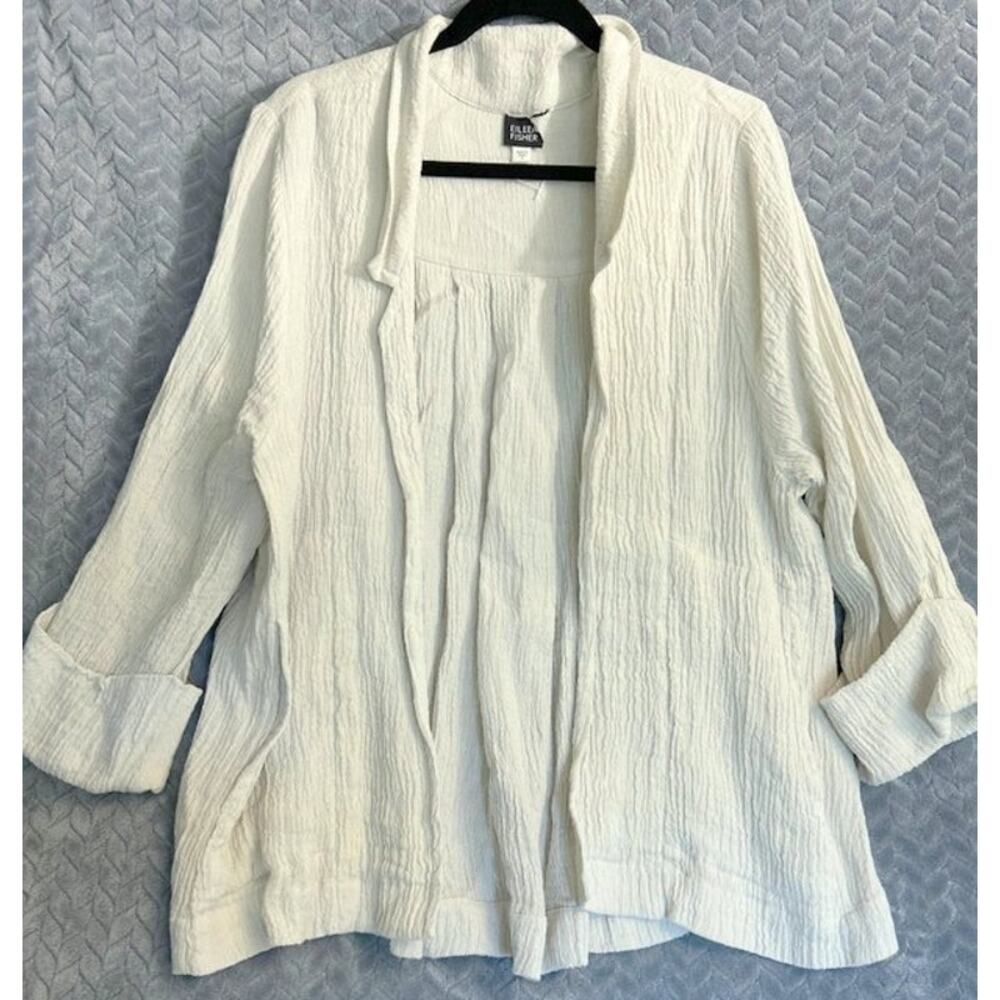 Eileen Fisher Womens Open Front Natural Textured Linen Jacket Size S Lagenlook
